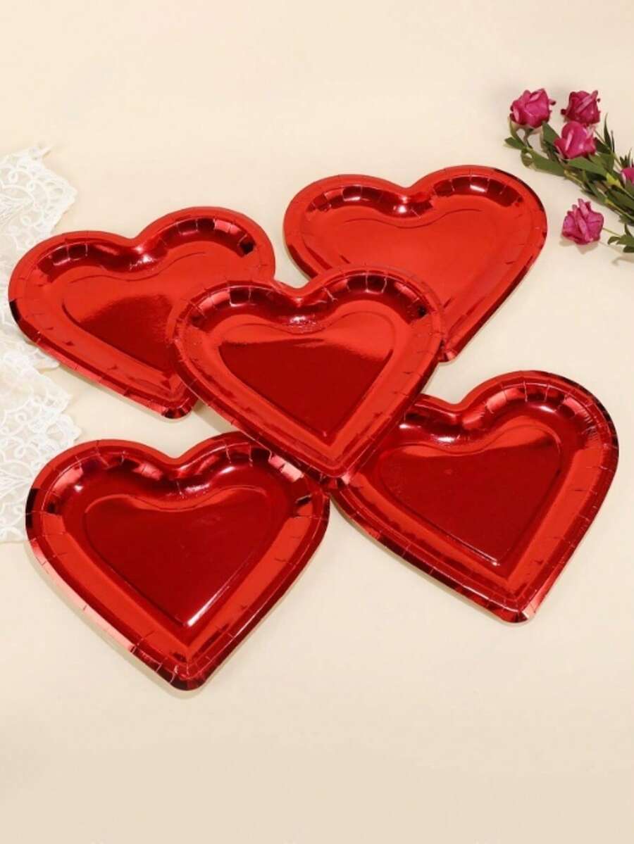 5/20 pièces Assiettes en papier épaisses en forme de cœur rouge, 26,6 cm (environ 10,47 pouces), assiettes jetables pour fête, décoration de table convenant pour la fête des mères, le mariage, l'anniversaire, la Saint-Valentin - Rouge - Voir 1
