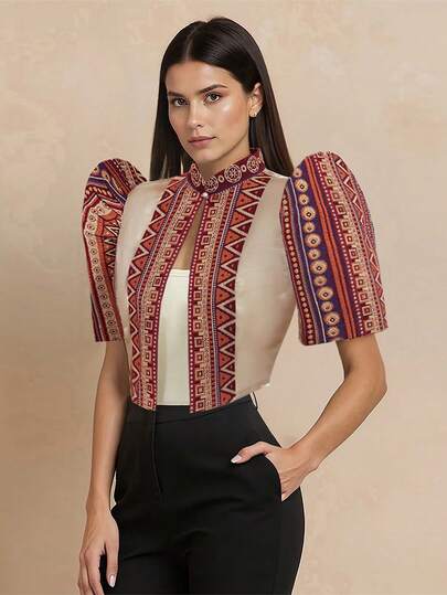 1pc Modern Philippine Style Blouse, Women's Fashion Semi-Sheer Patchwork Stand Collar Design, Elegant Puff Sleeve Top, Button Shirt, Spring/Summer, Butterfly Sleeve Philippine Style, Women's Philippine Short Jacket