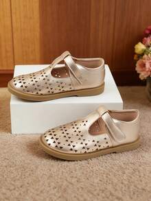 女童金色平底鞋，幼儿皮鞋，儿童玛丽珍鞋，透气镂空鞋 - 金色 - 查看 2