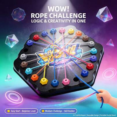 Jeu de puzzle logique à 3 niveaux - Dénouer le nœud, convient aux enfants et aux adultes, jouet de labyrinthe de corde avec cordes colorées et planche de tressage de nœuds DIY, jouet éducatif STEM pour développer les compétences de résolution de problèmes et de réflexion critique (3-12 ans)