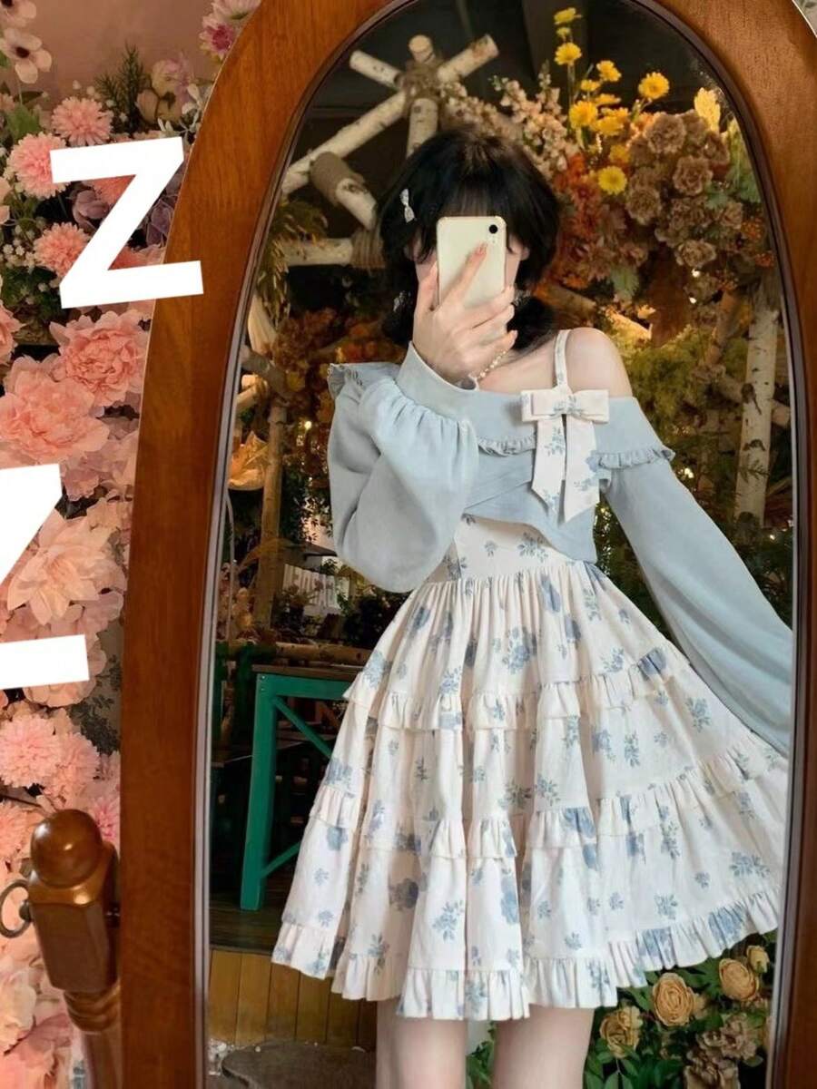 Lolita Dress Autumn Winter New College Style Floral Strap Dress Sweet Off-Shoulder Puffy Cake Dress Girl Dress - 披肩*5476單件藍色披肩 - 查看 1