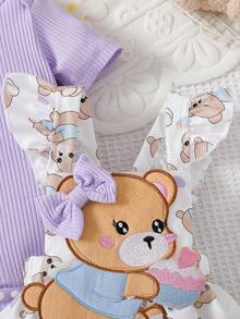 女婴可爱甜美圆领罗纹连体衣和兔子印花荷叶边吊带连衣裙套装，配蝴蝶结发带，夏季服装 - 紫色 - 查看 6