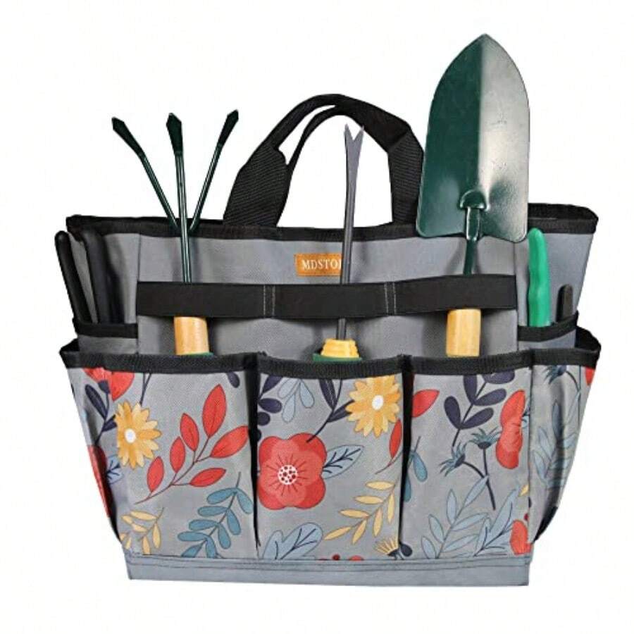 MDSTOP Bolsa de herramientas de jardín soporte para kit de herramientas de jardín organizador para el hogar organizador de almacenamiento de herramientas de mano Oxford para jardín con asa y 8 bolsillos espaciosos regalo de jardinería floral herramientas no incluidas - gris - Ver 1
