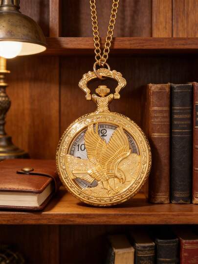 1pc Vintage And Elegant Gold Pocket Watch For Men, Featuring A Long Chain And Crafted With Eagle-Pattern Embossing. The Gold Long Chain Design Exudes A Refined Vintage Style Full Of Charm. Suitable For Various Occasions Such As Christmas Parties, New Year Gifts, Daily Outfit Accessories, And Vintage-Style Looks.