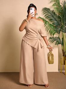 BIUBIU Plus Size Women's Spring/Summer Asymmetric Neck Long Sleeve Drawstring Ruched Fashionable Top With Wide Leg Pants Set - Apricot Oblique Hem Satin Fabric, Suitable For Casual Outings, Vacations And Daily Wear - Apricot - View 4