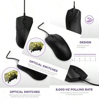 NZXT Lift 2 Symm Ratón para Juegos con Cable simétrico y Ligero Diseño Ligero de 58 g Tasa de sondeo de 8K Interruptores ópticos Sensor óptico PPP de 26K Pies de PTFE 100%