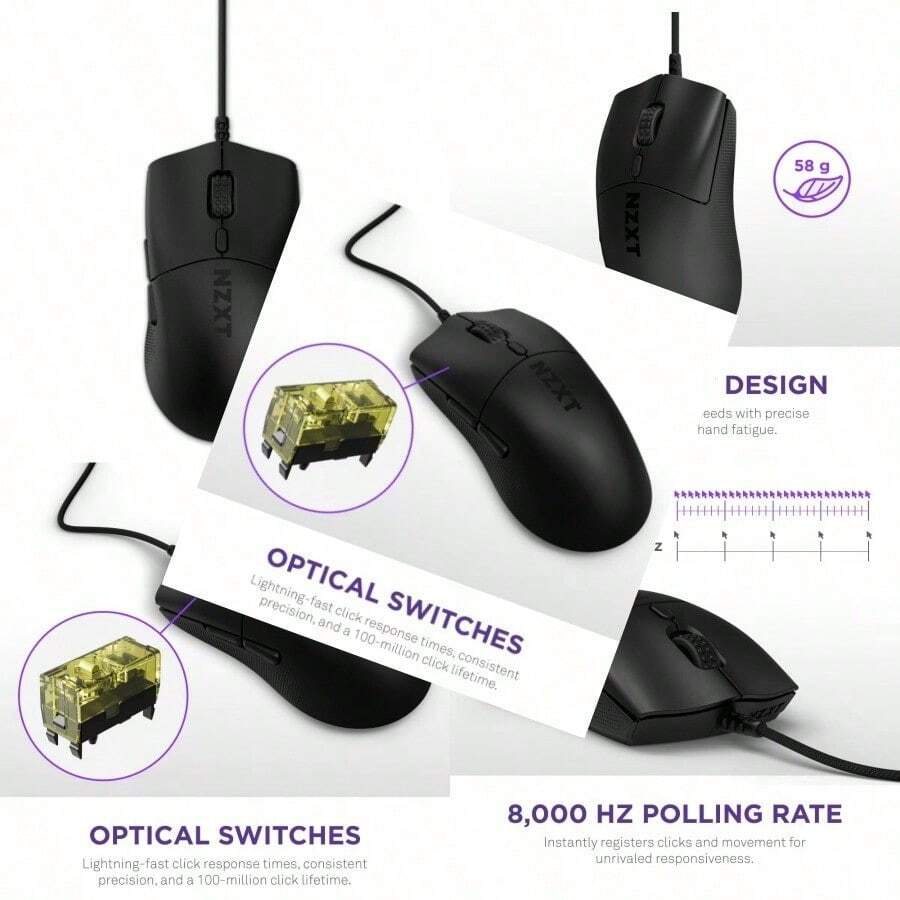 NZXT Lift 2 Symm Ratón para Juegos con Cable simétrico y Ligero Diseño Ligero de 58 g Tasa de sondeo de 8K Interruptores ópticos Sensor óptico PPP de 26K Pies de PTFE 100% - Negro22 - Ver 1