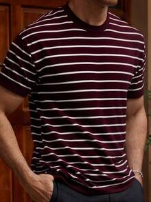 1pc Men's Contrast Stripe Short Sleeve T-Shirt, Casual Knit Pullover Top - Red Violet - View 1