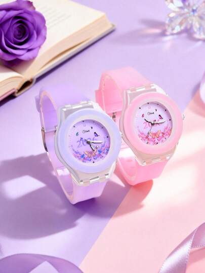 2pcs Girls Gift Set: 2026 New Flower & Butterfly Dual Movement LED Illuminated Student Watch, Cartoon Animal Pattern Children Quartz Watch