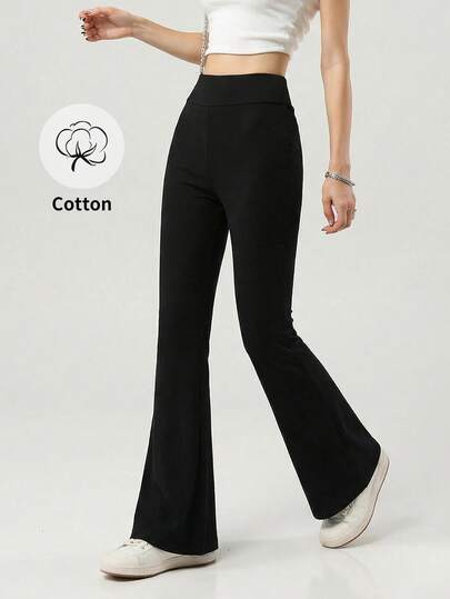 Girls' Solid Color Knit High Waist Elastic Flare Pants, Casual Sports Yoga Pants, Suitable For Daily Wear, Back To School Season (YY1132)