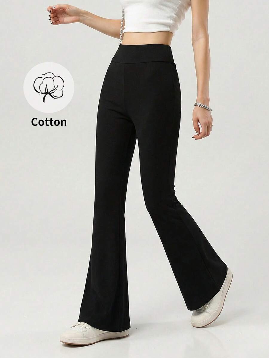 Quần ống loe cạp cao co giãn màu trơn dành cho bé gái, quần thể thao yoga thường ngày, thích hợp mặc hàng ngày, mùa tựu trường (YY1132) - màu đen - Xem 1