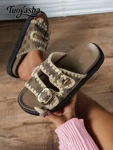 新款时尚金属扣装饰坡跟凉鞋，舒适防滑，百搭易清洁，适合海滩和日常穿着 - 杏色 - 查看 2