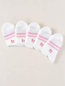 5 Pairs Of Children's Socks With White Striped Numbers 67 Printed Short Socks, Student Style Casual Breathable Short Tube Socks, Mid Tube Socks