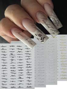 4片英文字母美甲贴纸，4种颜色可选，简约风英文字母串，黑色金色A字美甲贴花，美甲艺术装饰DIY