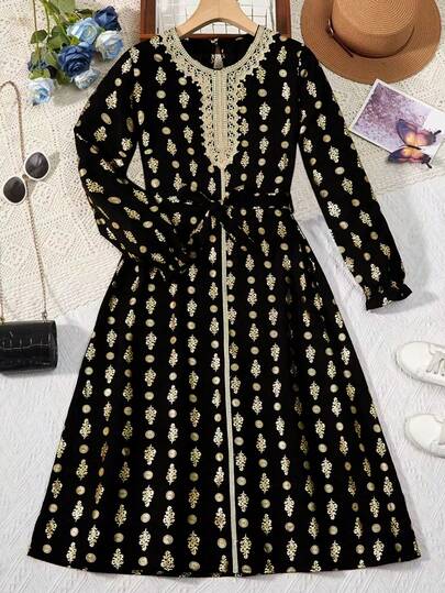 Girl's Elegant Long Dress - Soft Pink Formal & Casual Dress, Lace Collar Design, Non-Stretch Turkish Style Party Wedding Dress, Perfect Birthday Or Prom Gift, Ramadan Gift