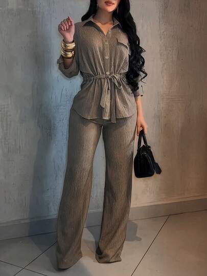 Women's Solid Color Casual Elegant Knotted Waist Front Button Closure 2 Pieces Loungewear Set Spring