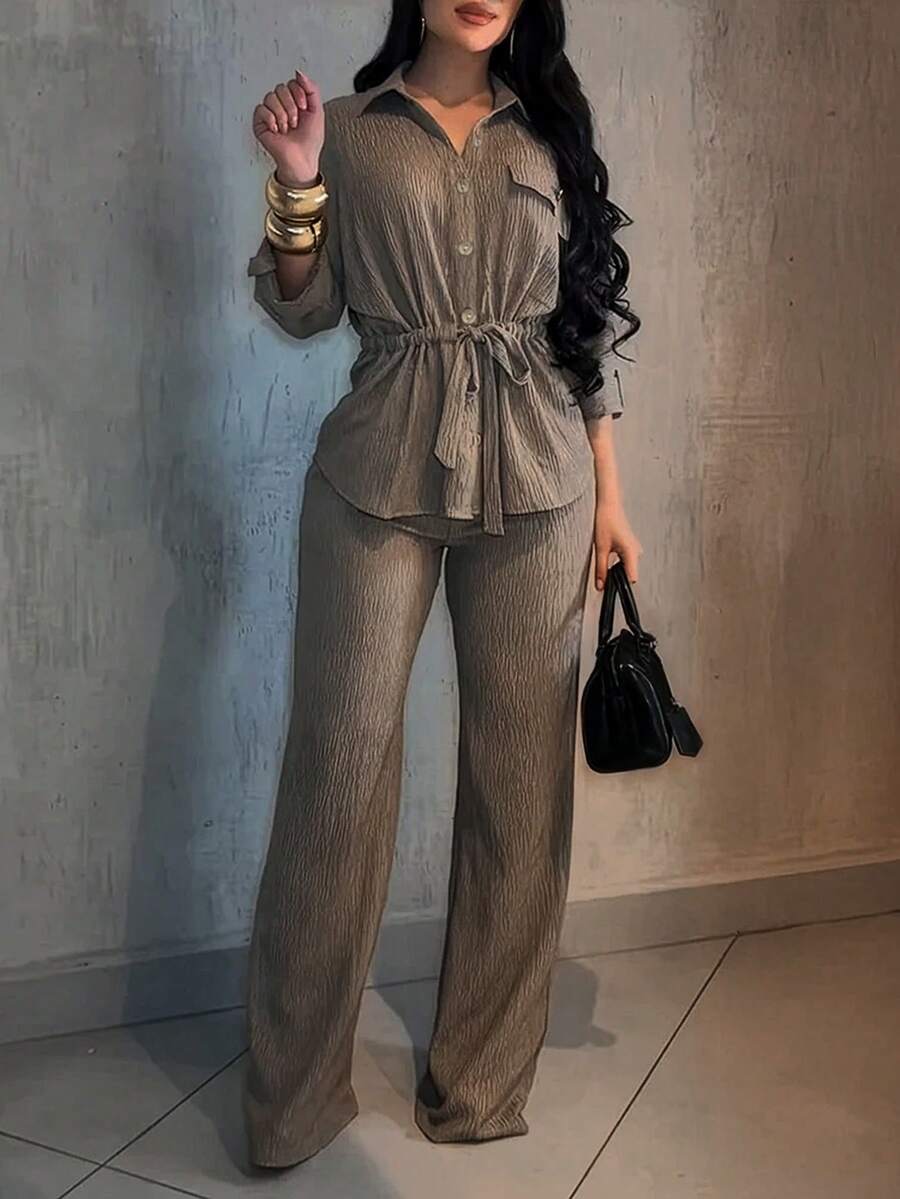 Bộ đồ mặc nhà 2 mảnh màu trơn thanh lịch dành cho nữ, kiểu dáng thường ngày, thắt eo và cài cúc phía trước, thích hợp cho mùa xuân. - Màu Khaki - Xem 1