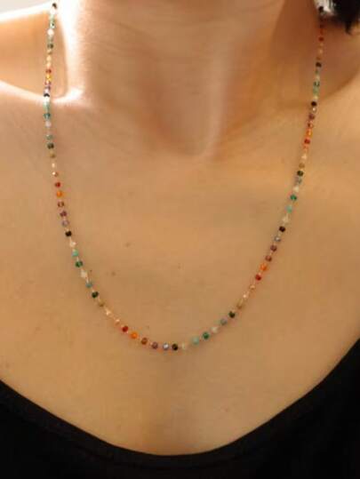 Colorful Natural Stone Beads Necklace - Adjustable Length Women's Necklace - Retro Style - Suitable For Daily Wear