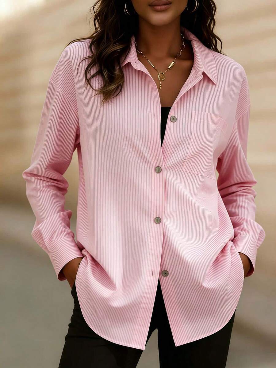 女士时尚简约衬衫，适合春秋穿着，圣诞节亦可作为节日礼物。 - 粉色 - 查看 1