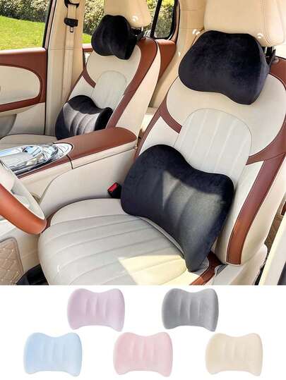 1个毛绒汽车头枕，颈部保护枕，简约纯色，冬季汽车座椅垫，记忆棉汽车腰部支撑汽车枕头汽车座椅垫
