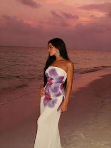 Đầm maxi cổ yếm in hoa thanh lịch, gợi cảm, quyến rũ, thích hợp cho kỳ nghỉ, đi biển, hẹn hò hoặc dự tiệc. - Màu be - Xem 5