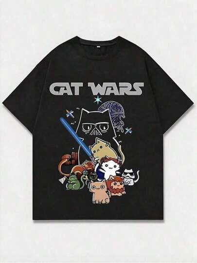 OSRB Camiseta de algodón puro para hombres, camiseta negra con texto CAT WARS y gráfico temático de , impresión casual, cómoda y versátil, camiseta impresa de algodón puro de 220g con patrón de letras, estilo unisex adecuado para usar durante Halloween.