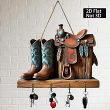 2D Flat Western Ranch Key Holder Wall Organizer, Brown Saddle With Turquoise Accent Wall Hanging Rack With Hooks & Hanging Chain, Vintage Farmhouse Western Home Decor For Entryway Hallway Living Room, Perfect Housewarming Gift - Multicolor - View 1