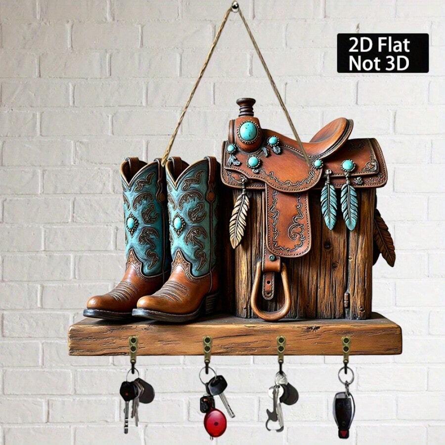 2D Flat Western Ranch Key Holder Wall Organizer, Brown Saddle With Turquoise Accent Wall Hanging Rack With Hooks & Hanging Chain, Vintage Farmhouse Western Home Decor For Entryway Hallway Living Room, Perfect Housewarming Gift - Multicolor - View 1