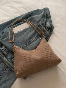 2025新款休闲大容量褶皱条纹清新通勤纯色单肩腋下手提包 - 卡其色 - 查看 8