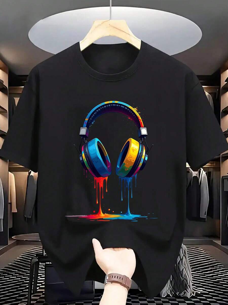 Summer Casual Printed T-Shirt For Men - Crew Neck, Polyester, Slight Stretch, Regular Fit, Knit Fabric, 180 G/M² - Black - View 1