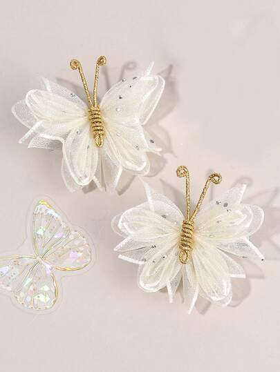 2pcs White & Beige Butterfly Hair Clips, Mesh White Butterfly Decor Hair Clips, Fashion Alligator Clips, Girl Party Gift