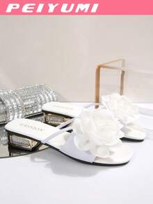 PEIYUMI Dép lê nữ họa tiết hoa, kiểu dáng giản dị, thích hợp đi biển, gót đính pha lê, phong cách tối giản. - trắng - Xem 7
