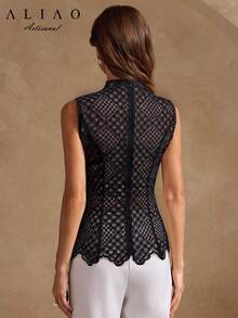 A&A 优雅浪漫佩斯利刺绣透视拉链无袖背心，网纱拼接，性感女式上衣，夏季穿搭，适合通勤、度假、婚礼季 - 黑色 - 查看 4