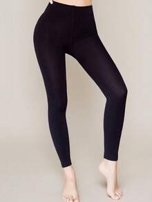 1件装女士黑色保暖内衬打底裤，弹力修身抓绒紧身裤，适合春秋季穿着 - 黑色 - 查看 4