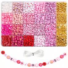24 piezas Juego de Cuentas de Alfabeto Rosas, para Hacer Joyas, Manualidades DIY, Pulseras de , Aretes, Collares, Decoraciones, con 1 Rollo de Hilo de Cristal - Rosa - Ver 6