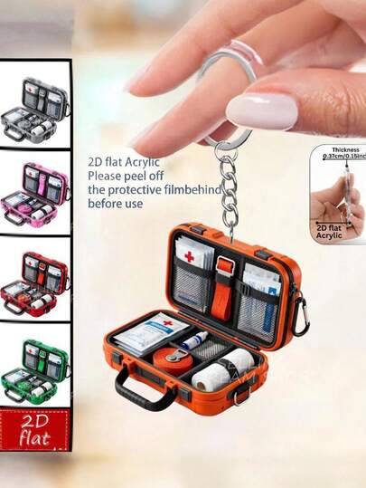 2D 平面 1/5 比例医疗急救包钥匙扣 - 小巧便携的紧急护理用品，带有 CPR 指南符号，自粘式（无需工具）用于绷带和贴片 - 红十字会亚克力材质，适合作为急救人员的礼物、办公用品，2D 平面设计。