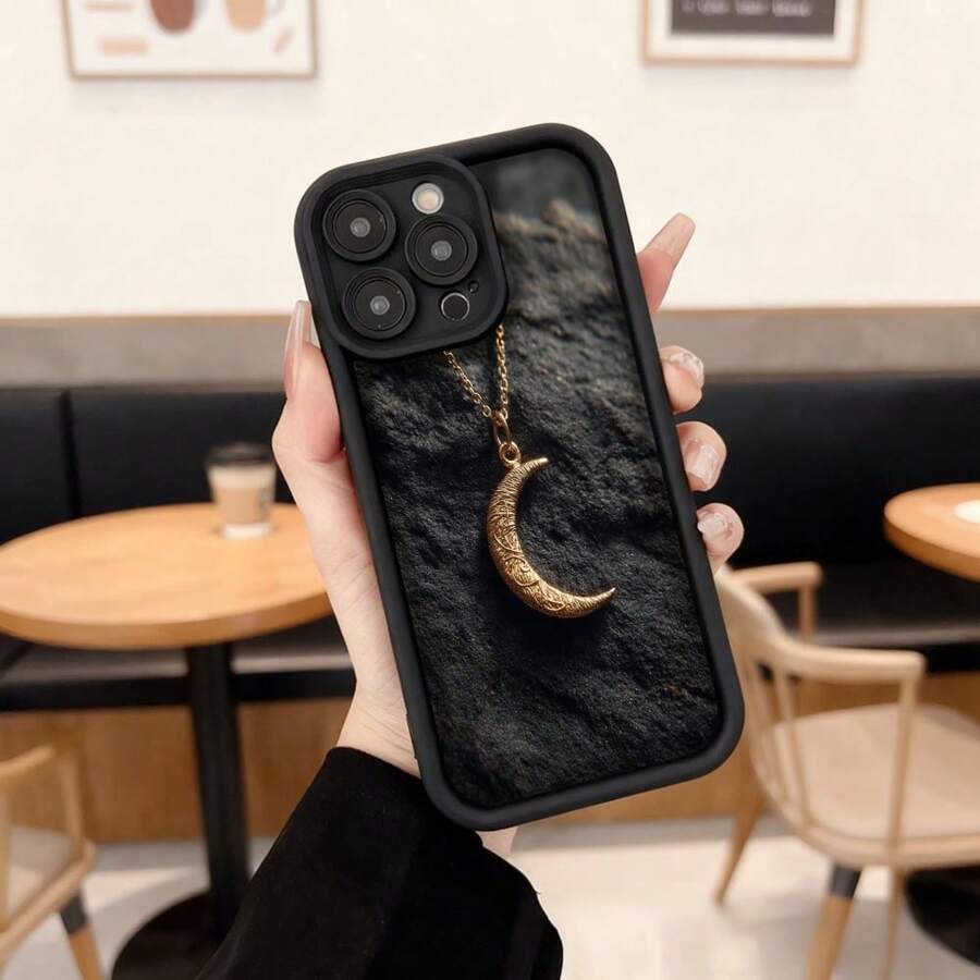 Funda de teléfono con borde negro diseño de luna creciente dorada sobre fondo oscuro para uso diario en cafeterías y espacios urbanos,Aplicable a los teléfonos de la serie Apple y Galaxy - Burdeos - Ver 1
