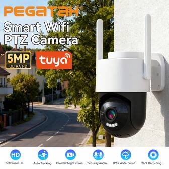Cámara de WiFi para exteriores de 5MP, cámara PTZ inteligente Tuya, detección de movimiento humano, seguimiento automático, audio bidireccional, visión nocturna, resistente al agua IP65
