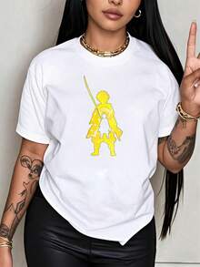 Under The Radar Crew Neck Funny Print Black T-Shirt With Yellow Warrior Silhouette Design For Women, Casual Urban Fashion Clothing, Unisex, Suitable For Holiday Gifts - Vintage Urban Style, Unisex Loose Fit Short Sleeve Crew Neck Cotton T-Shirt - 白色 - 查看 3