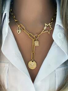 This Fashionable Women's Necklace Features A Gold Design, Including A Star-Shaped Clasp, A Letter Pendant, An Evil Eye Pendant, A Heart-Shaped Lock Pendant, And A Short Chain. With A Unique And Stylish Look, It Also Makes A Great Gift. - Gold - View 7