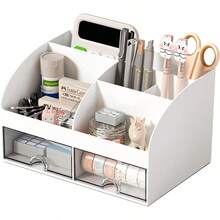 Organizador de computadora con 6 compartimentos y 2 cajones organizador de maquillaje de plástico soporte para bolígrafos para almacenamiento de computadora organización de computadora - BLANCO - Ver 1