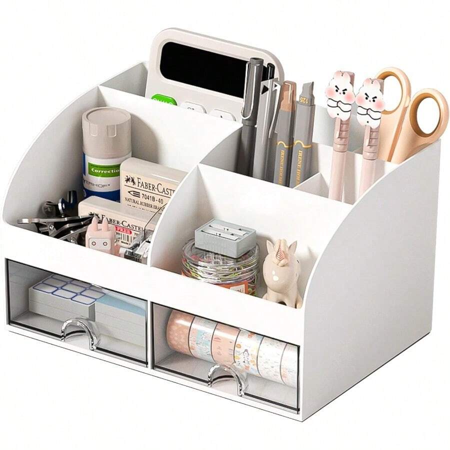 Organizador de computadora con 6 compartimentos y 2 cajones organizador de maquillaje de plástico soporte para bolígrafos para almacenamiento de computadora organización de computadora - BLANCO - Ver 1