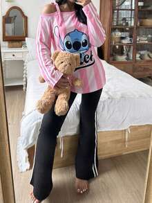 Disney Stitch Women's Elastic Comfortable Elegant Romantic Charming Casual Vacation Suitable Sportswear Set, Including Long T-Shirt And Pants, Spring/Autumn