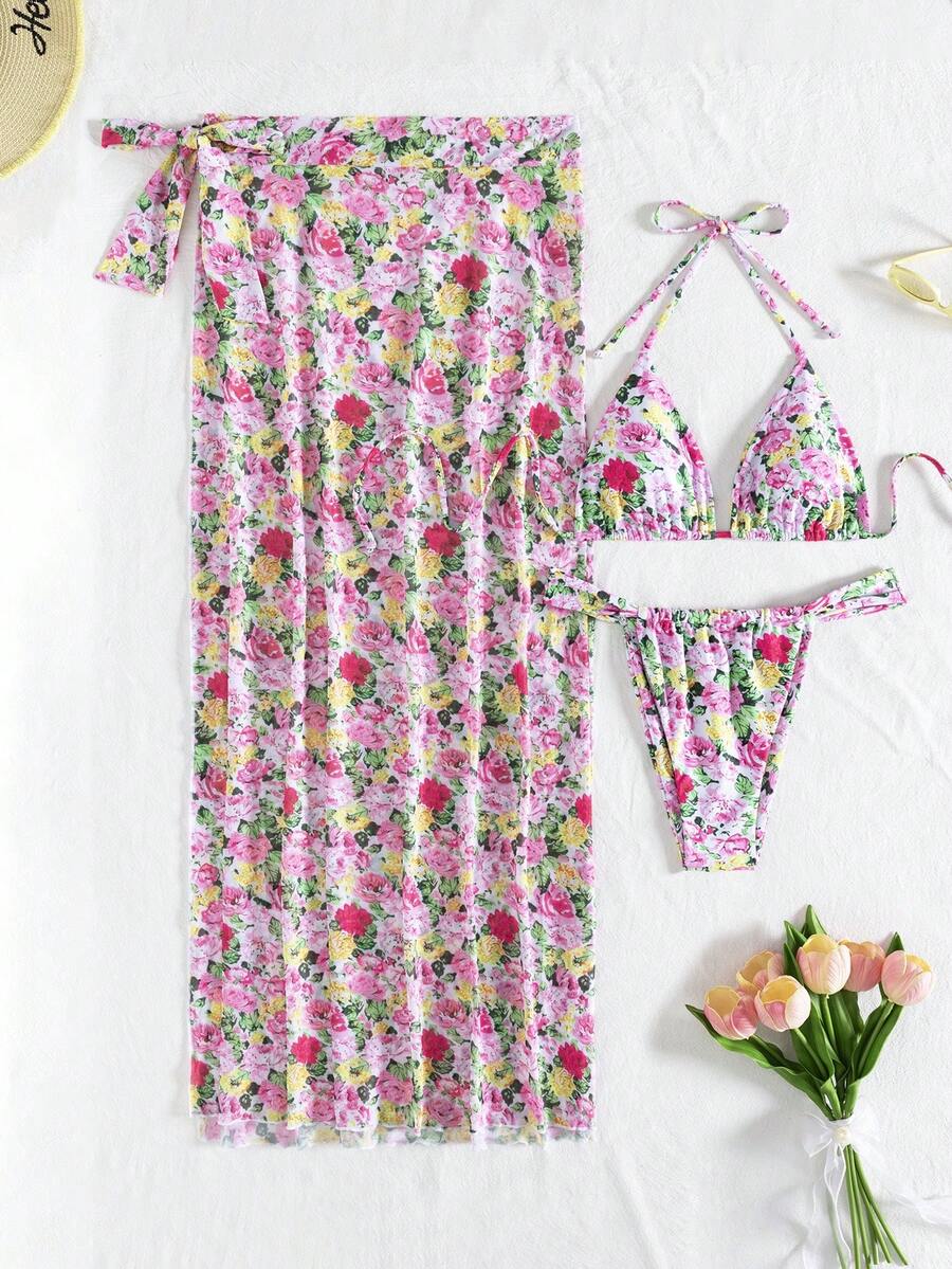 wohenmeili 女士夏季沙滩印花露背系带性感比基尼套装，含罩衫和裙子 - 白底粉花 - 查看 1