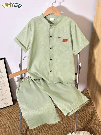 Vihyde 2pcs/Set Tween BoyCasual Linen Style Outfit, Lightweight Geometric Textured Pocket Leather Patch Decorated Stand Collar Top & Loose Shorts