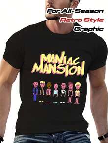 Men'S Maniac Mansion C64 Retro Video Game Graphic T-Shirt - Officially Inspired Gaming Tee With Iconic Characters, Soft Round Neck Short Sleeve Casual Shirt For Fans, All-Season Comfort & Casual Attire, Gamer Apparel, Fan Merchandise - 黑色 - 查看 2