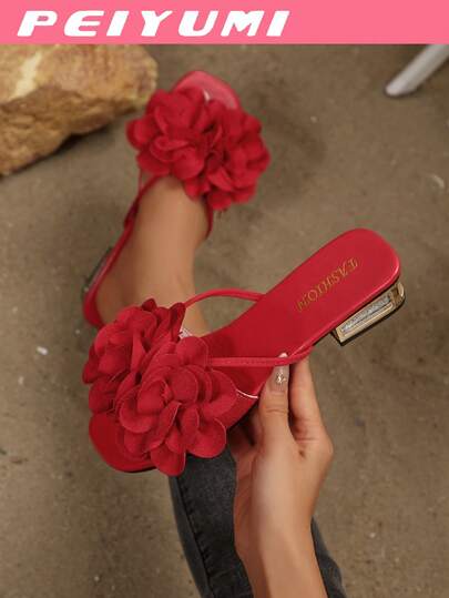 PEIYUMI 女士花卉装饰时尚拖鞋，休闲沙滩装，水晶鞋跟，简约风格