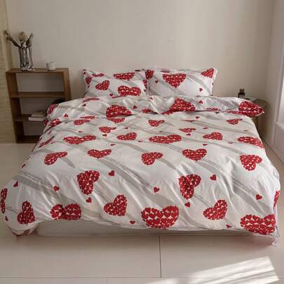 3pcs Plant & Heart Pattern Duvet Cover Set, Suitable For Hotel, Home, Bedroom Decor, Valentine's Day Gift (1 Duvet Cover + 2 Pillow Shams, Pillow Insert Not Included)