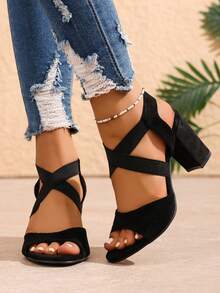 Women's Summer New Thick Heel Sandals, Mom Style Versatile Open Toe Roman High Heel Shoes - Black - View 4