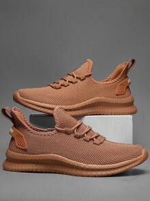 1 Pair Men's Casual Minimalist Low-Top Lace-Up Sneakers, Breathable Mesh Upper, EVA Sole, Lightweight Running Shoes - Khaki - View 5